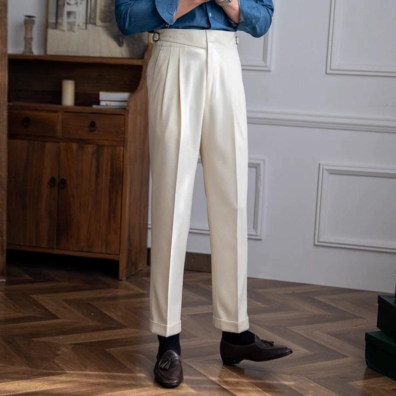Pantaloni Casual da Suit da Uomo a Vita Alta Gamba Dritta per Primavera/Autunno Pantaloni da Gentleman Vintage Britannico