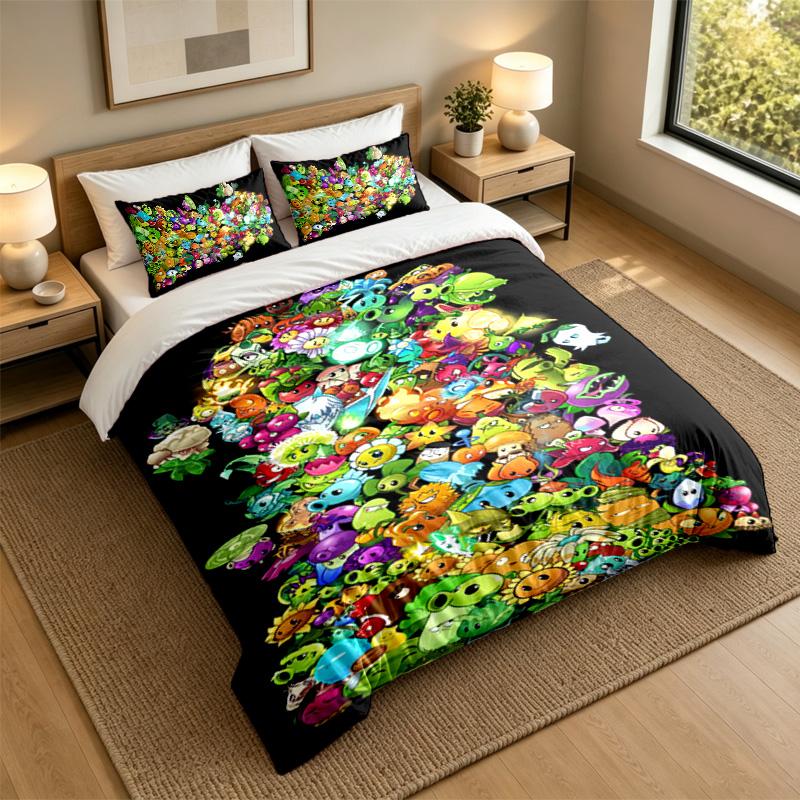 Soft Bedding Set Plants Vs. Zombies Pattern, 1 Duvet Cover Plus 2 Pillowcases Stylish Bedroom Home Textile
