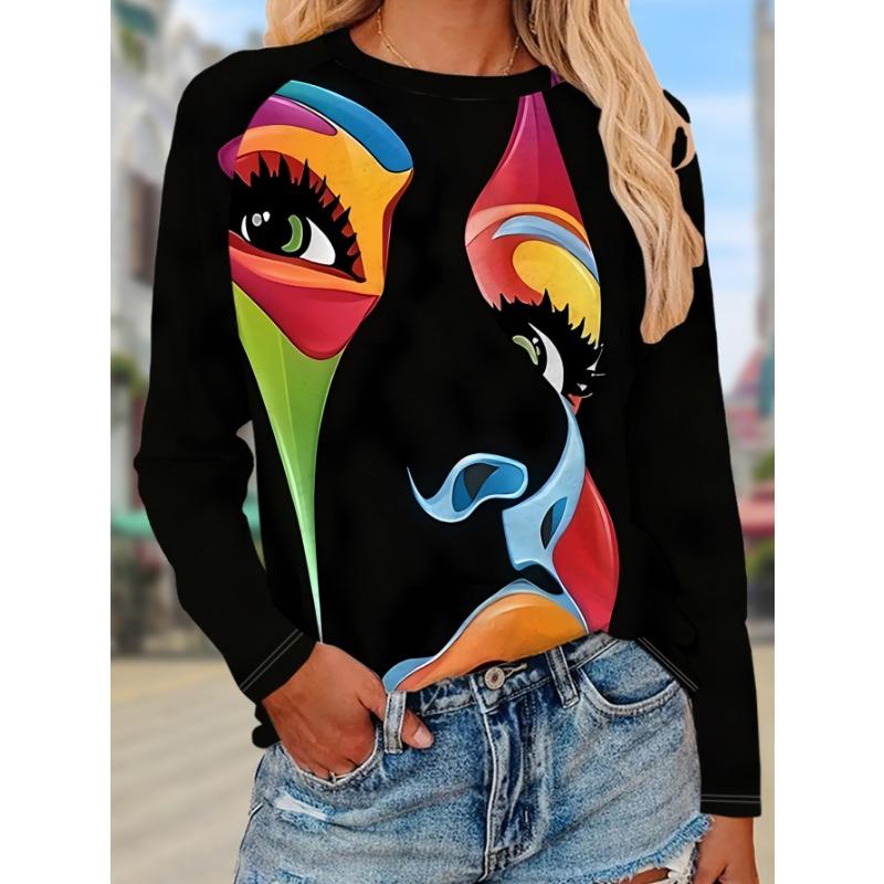 Women s fashionable and casual long-sleeved T-shirt with colorful abstract faces on a black background. It can be worn for parties and commuting. S