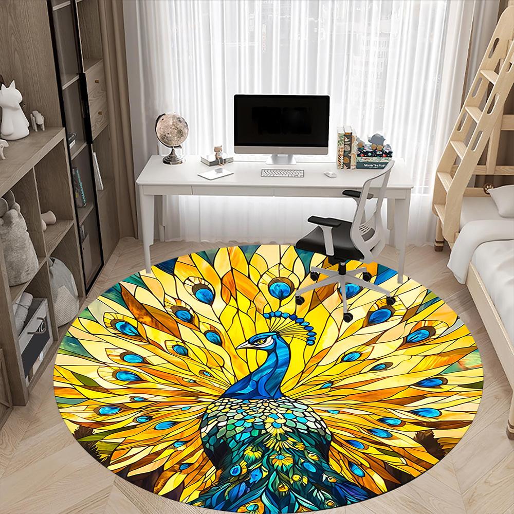 1PC Peacock StainedGlass Office Round Area Rug, Mat Suitable For Office, Under Office Chairs Bedroom Living Room Home Decor, Room Deco