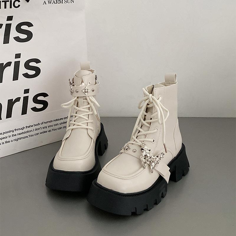 

Празднуйте Sweet Cool Мотоциклетные ботильоны на толстой подошве Женские 2025 Новые Осенние Ретро Короткие Ботильоны Бант Пряжка Обувь для Женщин 35 бежевый