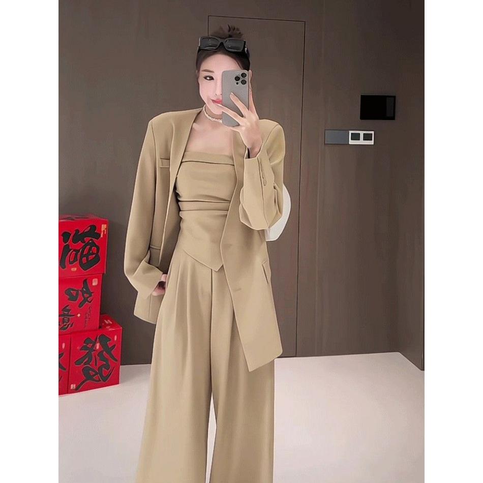 Autumn 2026 New High-end Korean Two-piece Set Niche Suit Jacket Vest Top Wide-leg Pants Set Women