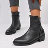 British Style Black Ankle Boots Plus Size Pu Leather Med Heels Boots Women ZIP Comfort Square Heeled Pointed Toe Short Boots