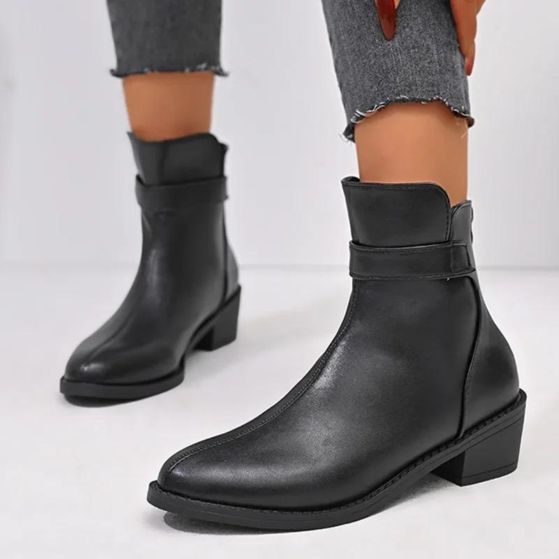 British Style Black Ankle Boots Plus Size Pu Leather Med Heels Boots Women ZIP Comfort Square Heeled Pointed Toe Short Boots