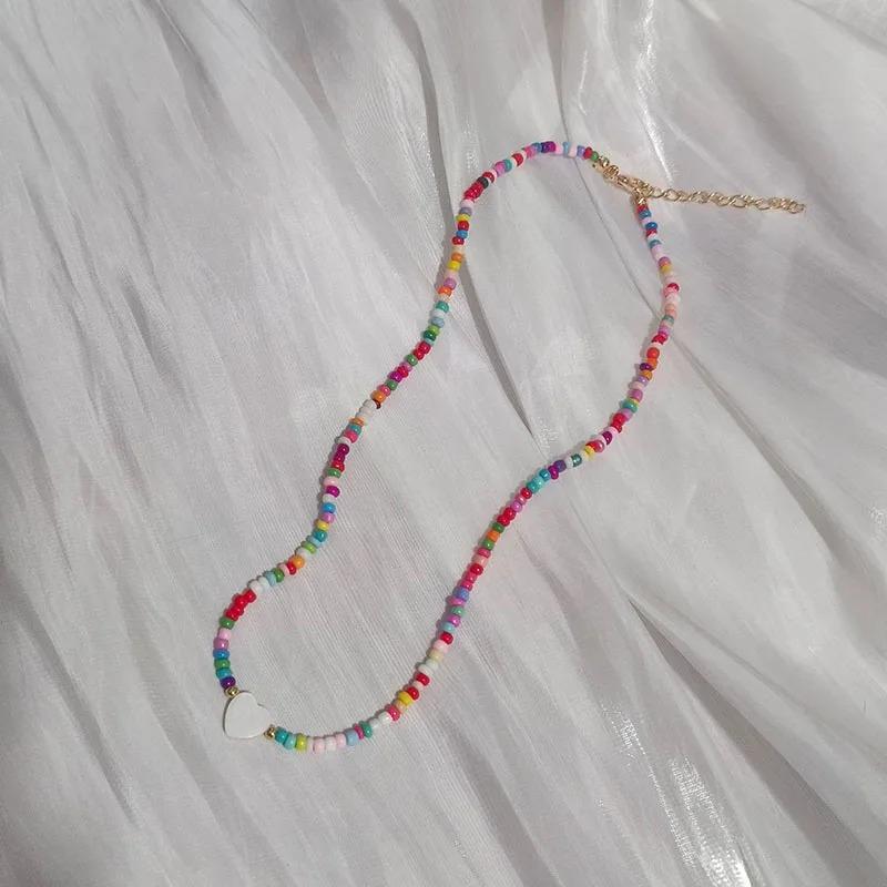 New Nature Shell Love Heart Choker Necklace For Girl Spring Summer Fashion Small Colorful Glass Beads Necklace Gift For Friend