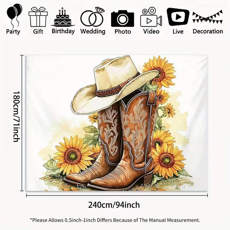 2D Vintage Western Cowboy Hat & Boots Backdrop Sunflower Themed Party Photography Background