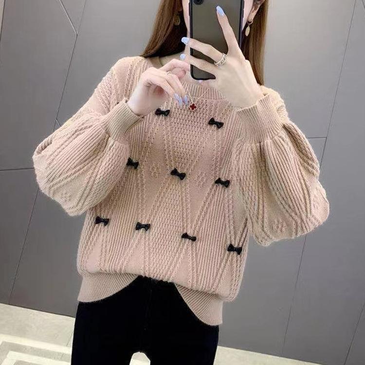 

Женский пуловер базовый свитер с круглым вырезом для осени и зимы, свободный и ленивый стиль, вязаный свитер с узлом-бабочкой 3XL абрикосовый