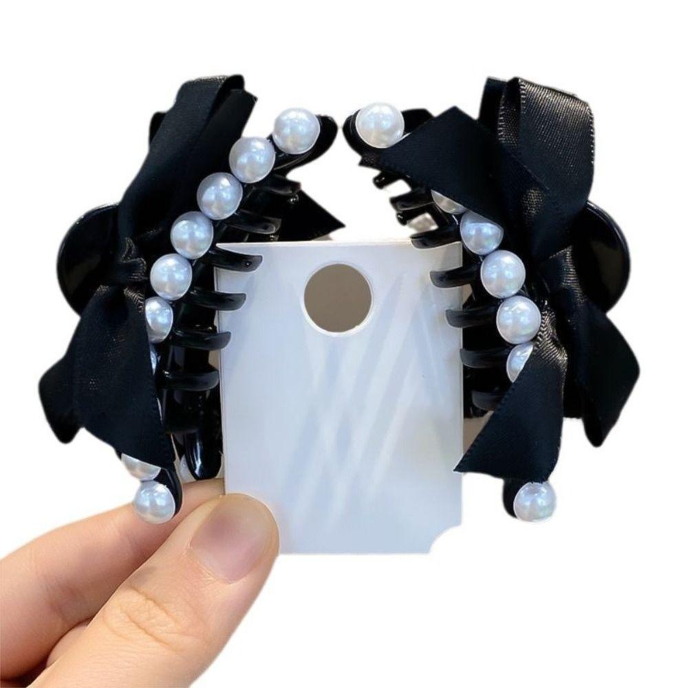 

2 шт. Заколки-крабы с имитацией жемчуга и бантом, маленькие заколки-автоматы, милые заколки-банты для волос, для вечеринки чёрный