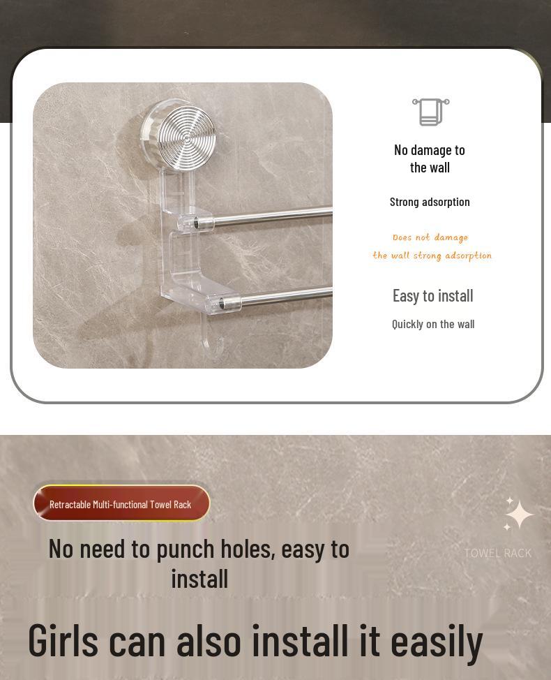 Retractable No-Drill Suction Cup Towel Rack and Hook for Bathroom Storage