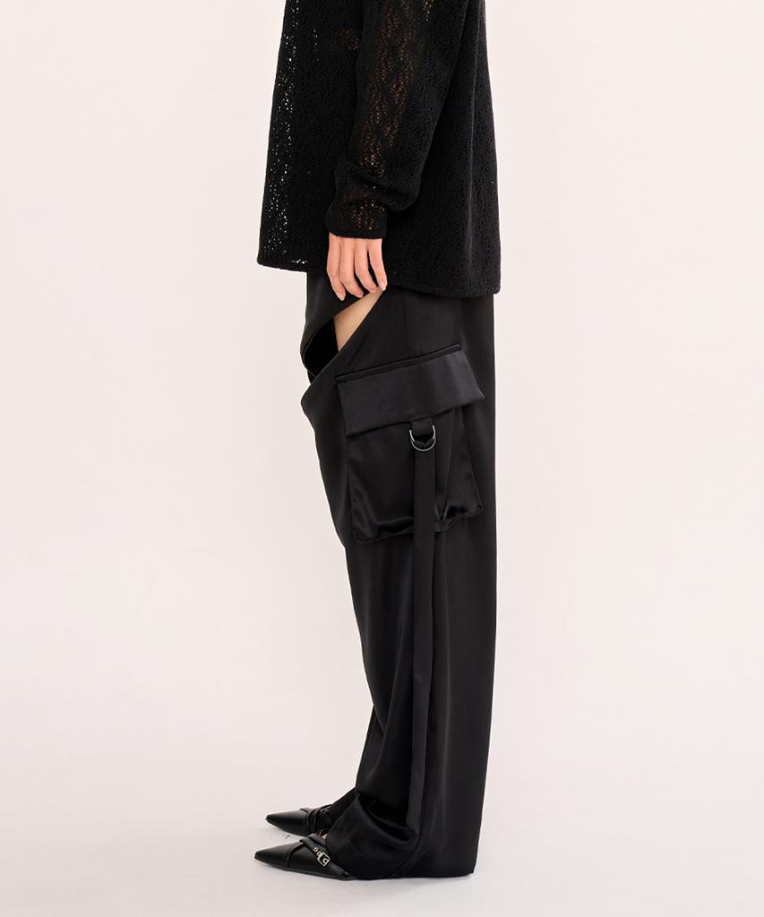 FANYOUNG Zip Slit Satin Wide Cargo Pants