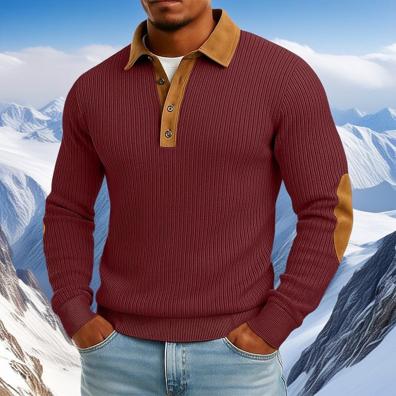 Mens Striped Knit Polo Sweater Suede Patch Casual Long Sleeve Spring Autumn S