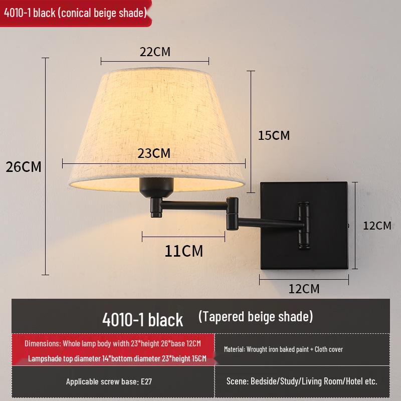 Modern LED Swing Arm Wall Light with Fabric Shade for Bedroom, Study, or Living Room.