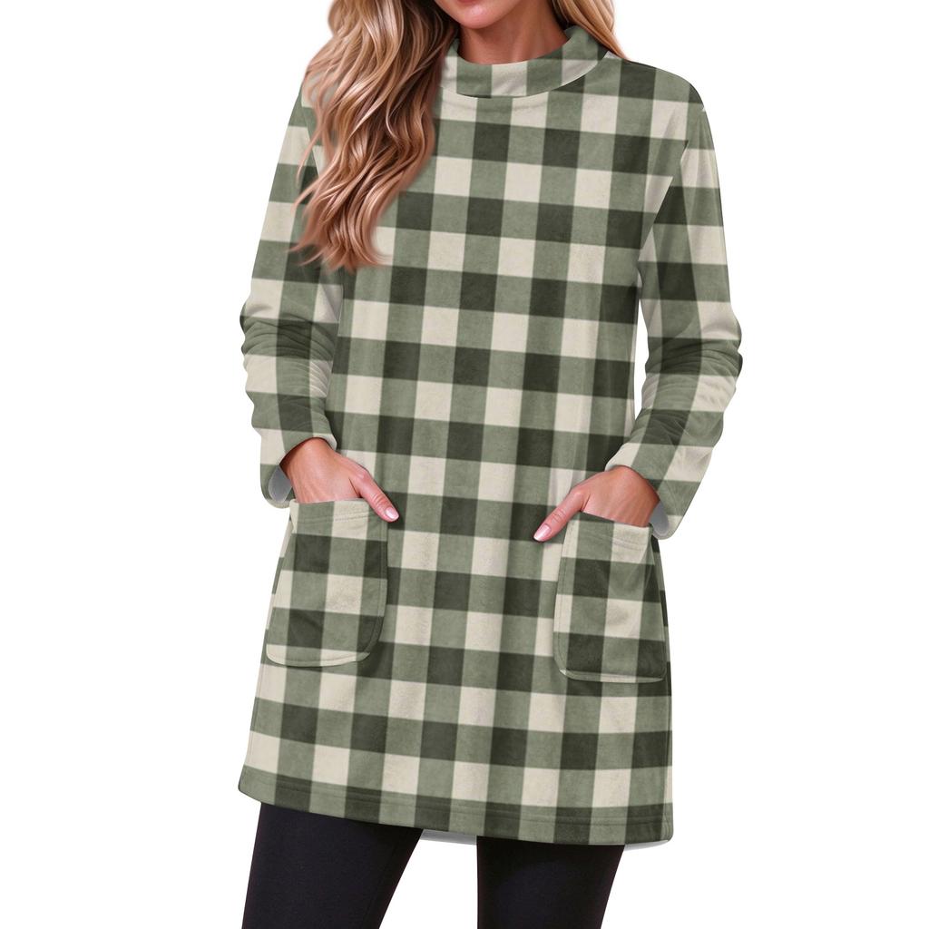 Women's Flannel Plaid Print Pullover Top with Pocket, Long Sleeve Neck