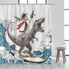 Funny Cat Riding Dinosaur Shower Curtain Cute Animal Surfboard Sea Waves Japanese Landscape Kids Bath Curtains Bathroom Decor