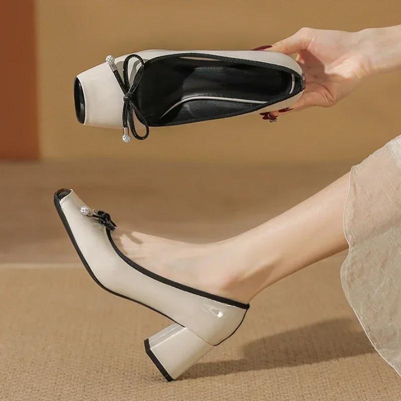 Fashion Square Toe Mary Jane Shoes Women Fashion Casual Chunky Ballet Shoes Shallow Bow Classic Brand High Heels Designer Female Pumps