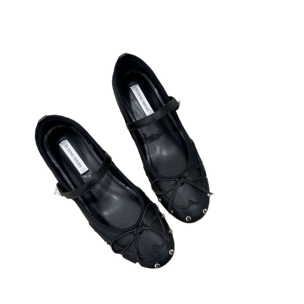 Small inner height increase women's shoes French rivets bow Mary Jane shoes women's soft sole thin temperament single shoes