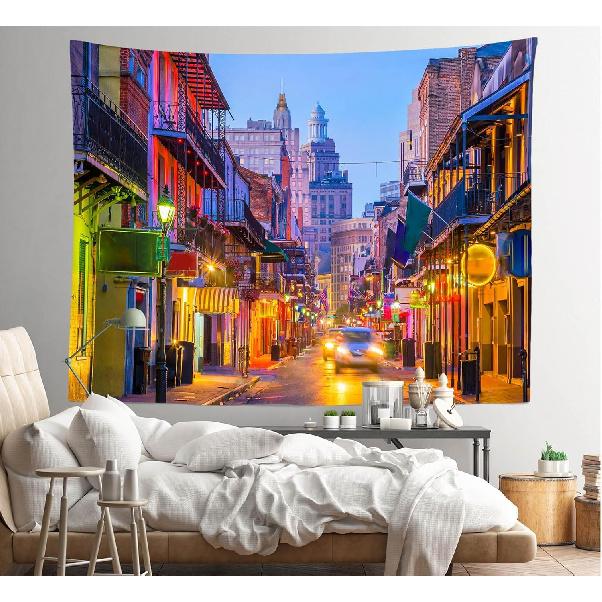 Loccor 80''x60'' New Orleans Bourbon Street Tapestry Mardi Gras New Orleans Nightlife Street Pubs and Bars with Neon Lights Tapestry Wall Hanging