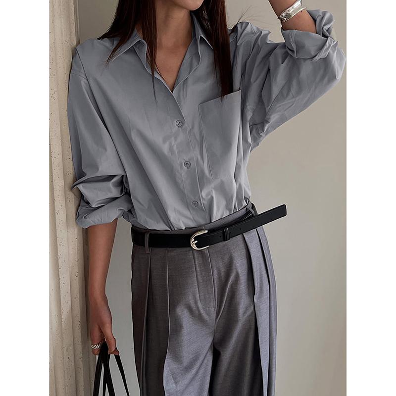 Woman Blouse Spring Autumn New Solid Color Pocket Design Turn-Down Collar Long Sleeve Versatile Loose Casual Shirt Top