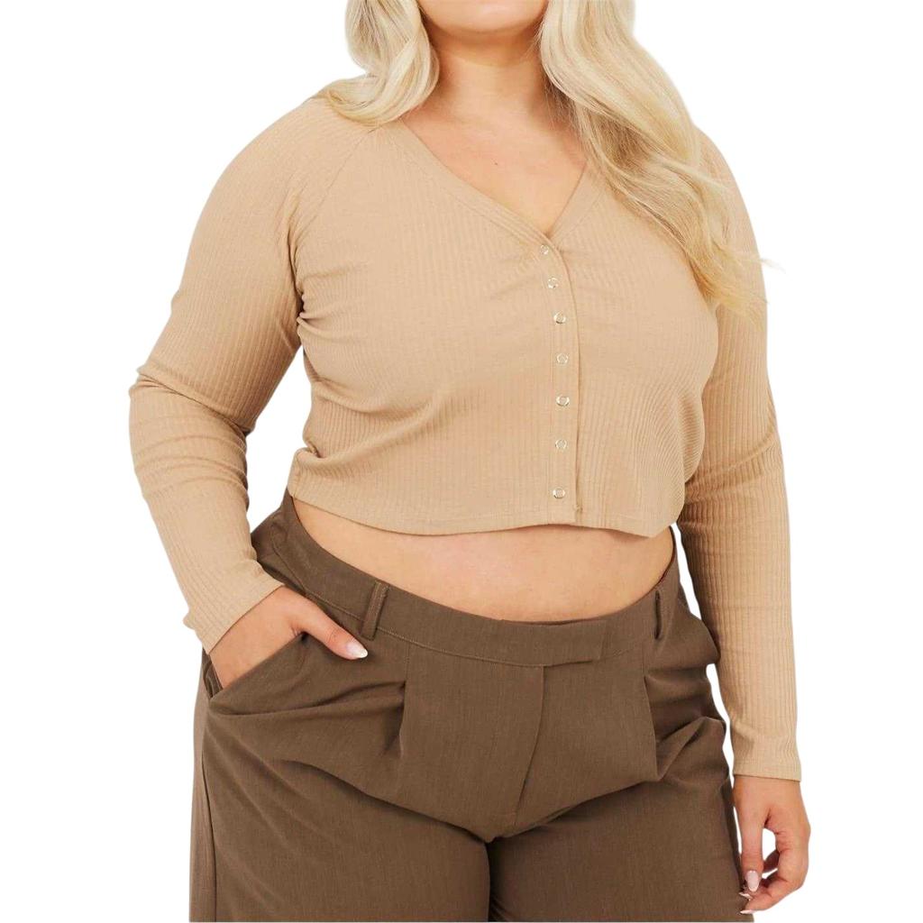 BRAVE SOUL Womens/Ladies Ribbed V Neck Plus Long-Sleeved Crop Top