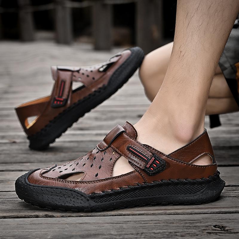Herren-Sandalen aus echtem Leder, handgenäht, atmungsaktiv, lässig, weich