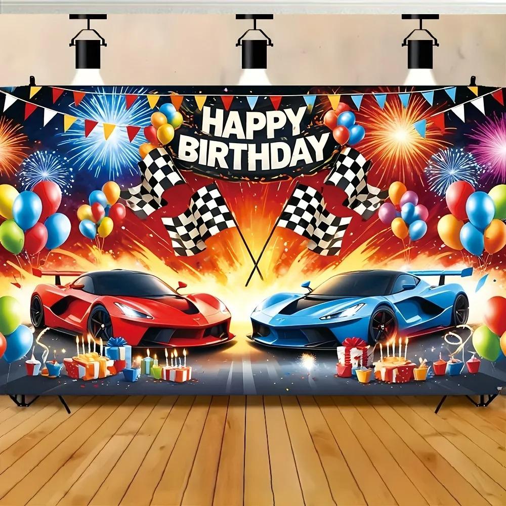 Rennwagen Geburtstag Kulisse Rot und Blau Rennauto Junge Rennen Kinder Party Dekoration Banner Fotowand Foto Hintergrund