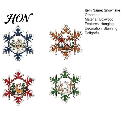 Lightweight Wooden Xmas Tree Hanging Set 4 Pcs Christmas Snowflake Ornaments, Rustic Decoration with Decorative Shapes for Gift Tags Elk Village House