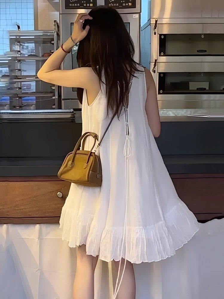 Elegant White Sleeveless Dress With Ruffle Collar For Summer Casual Wear
