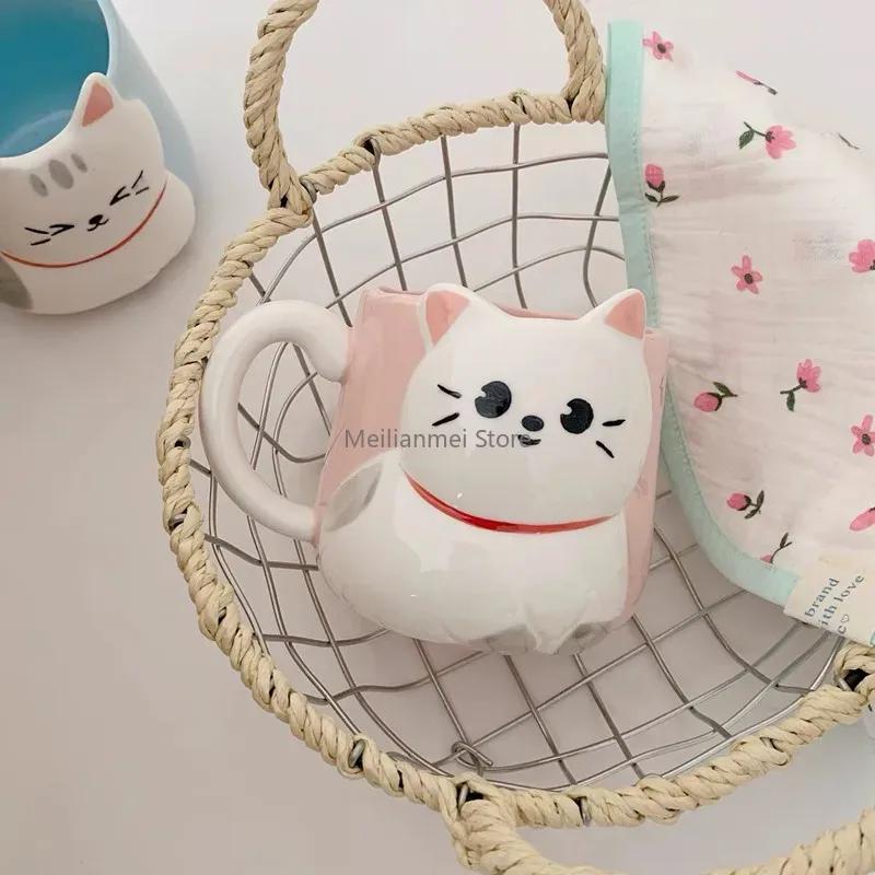 Cartoon 3D Embossed Ceramic Cup Cute Cat Coffee Milk Tea Breakfast Handle Cup Tableware Novelty Gift Home 400ml Mug