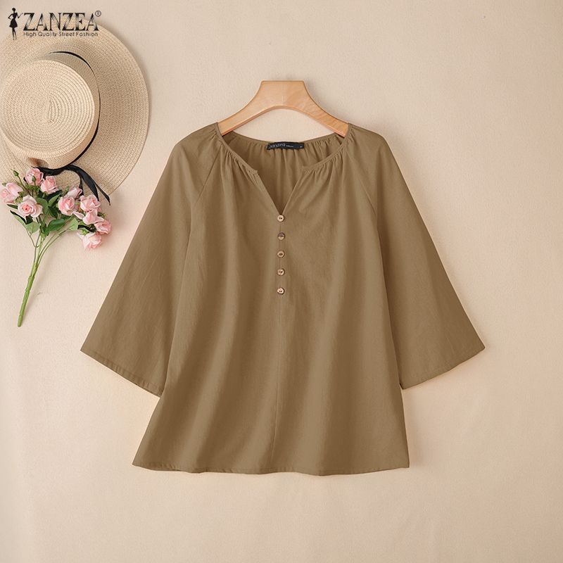 ZANZEA Lässige Damenbluse mit Rundhalsausschnitt und 3/4-Ärmeln, lockere Baumwollbluse