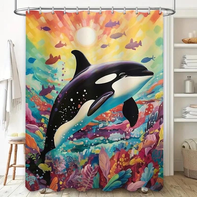Bright Blue Whale Shower Curtain Underwater Ocean Life Print For Bathroom Decor Extra Long Water Repellent Fabric