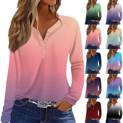 Women's Fashion Casual Gradient Printed V-Neck Long Sleeve Button T-Shirt Top