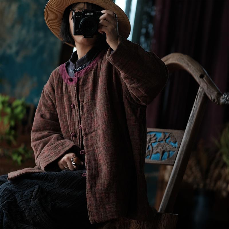 Johnature Γυναικεία παρκά με λουλούδια vintage στάμπα με μακρύ μανίκι με λαιμόκοψη και βαμβακερό μαλακό παλτό Πάρκα χειμερινού κινέζικου στυλ