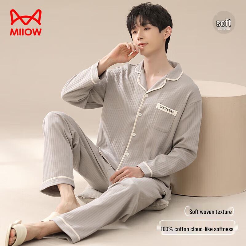 MIIOW Herren Baumwolle Langarm Knopfleiste Pyjama Set