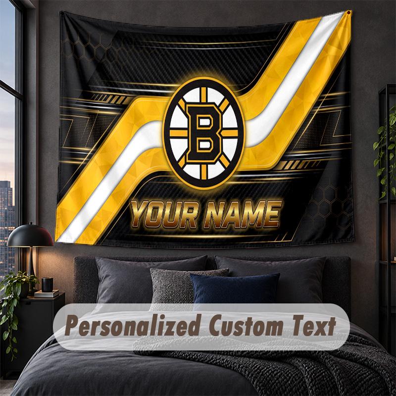 Arazzo Personalizzato con Nome e Testo, Appeso Decorativo da Parete Boston Bruins, Arazzo di Sfondo per Casa Camera da Letto