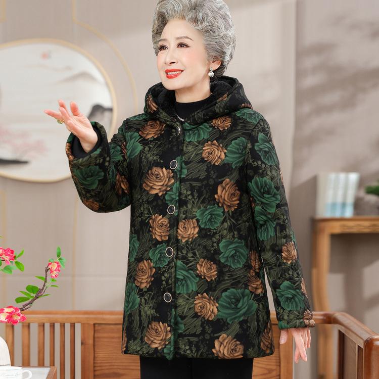 Grandma Winter Hooded Cotton Coat 60-year-old Elderly Women's Clothing Plus Velvet Thickened Warm Cotton Jacket Old Lady Mother Winter Clothes