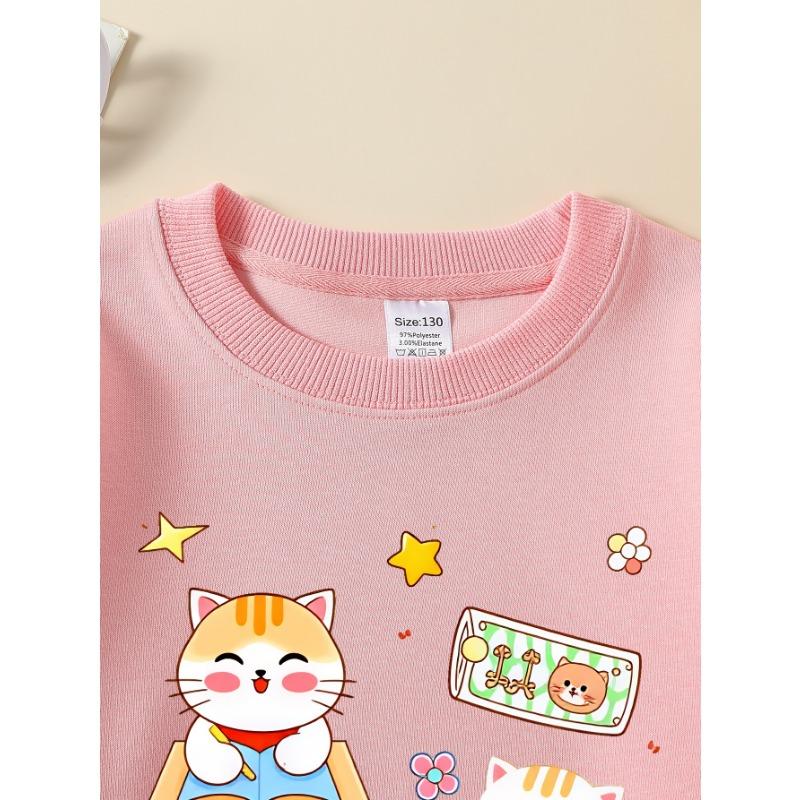 European Sizes Girls Soft Crewneck Sweatshirt Cute Cat Reading Books Study Pattern, Casual for Fall Winter, Ideal Holiday Present.