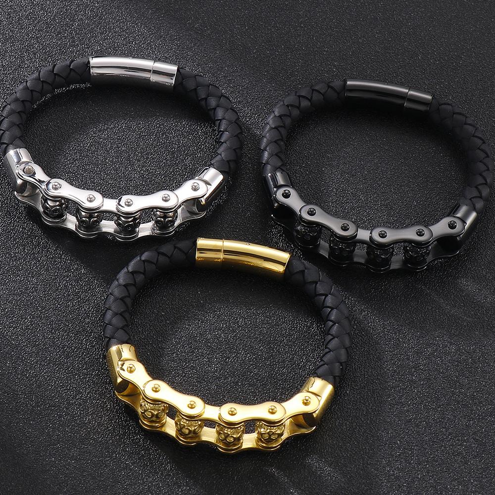 Rotatable Relieve Stress Skull Head Beads Bracelets for Man Punk Gothic Stainless Steel & Leather Motorcycle Biker Jewelry Gifts