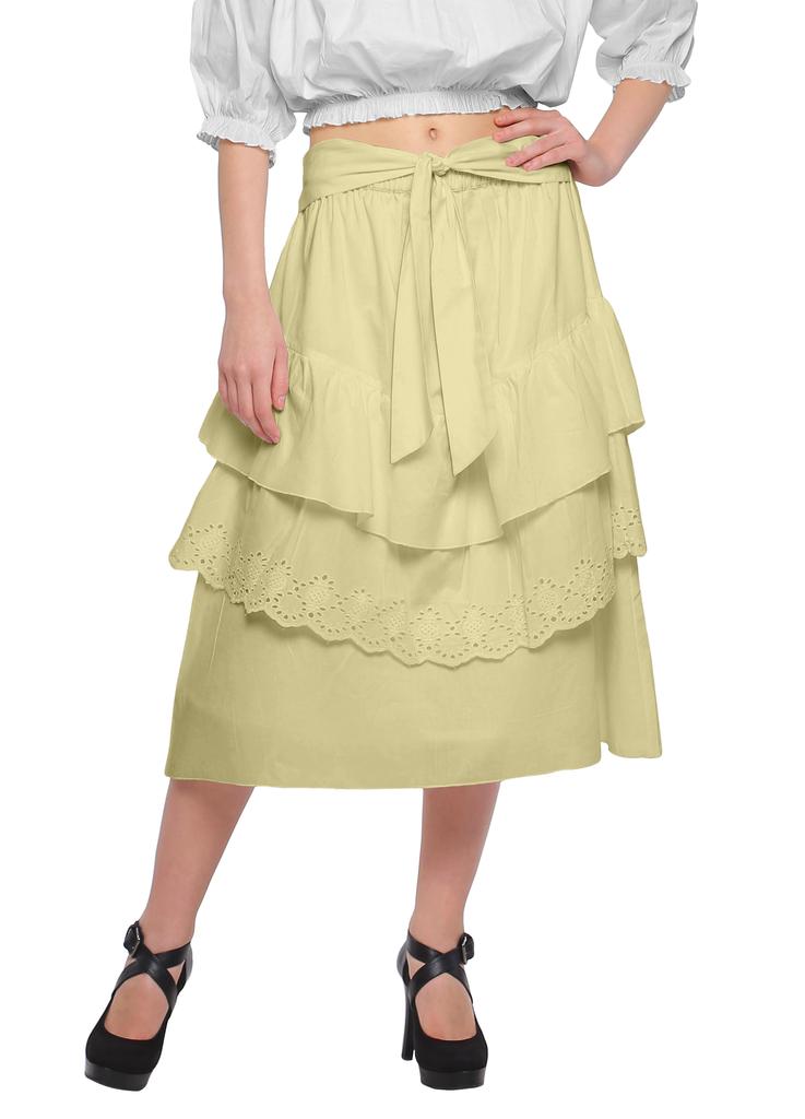 Moomaya Solid Cotton Skirts For Women Knee Length With Lace Belt Ruffle