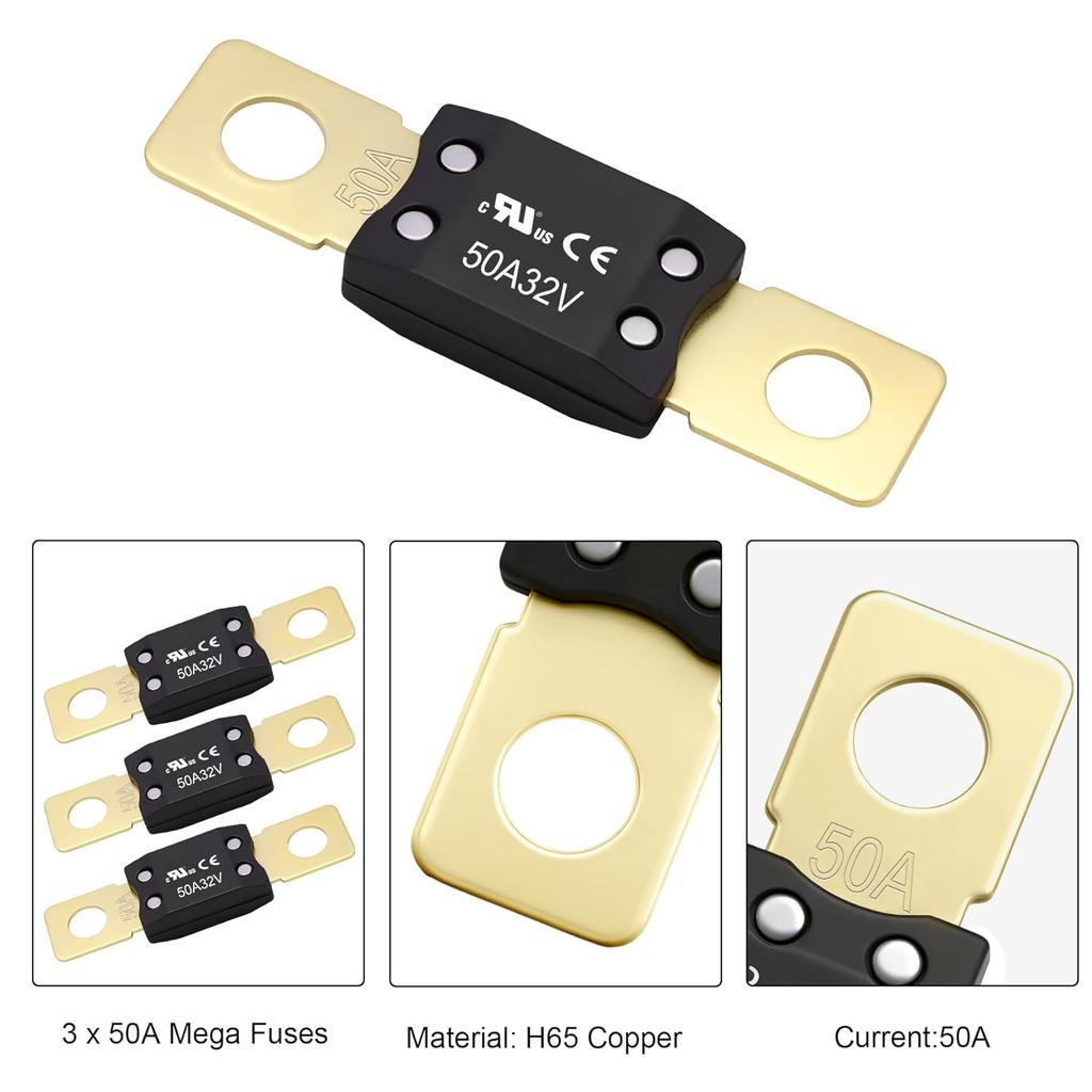 50A MEGA/AMG Fuse, UL Certification, High Current Bolt Mount Automotive 50 Amp for Cars, Trailers, Trucks, Buses, Caravans, Boats
