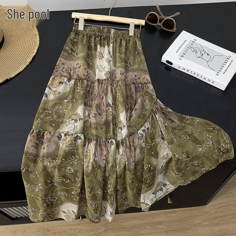 Elastic Waist Printed Patchwork A-Line Midi Skirt One Size