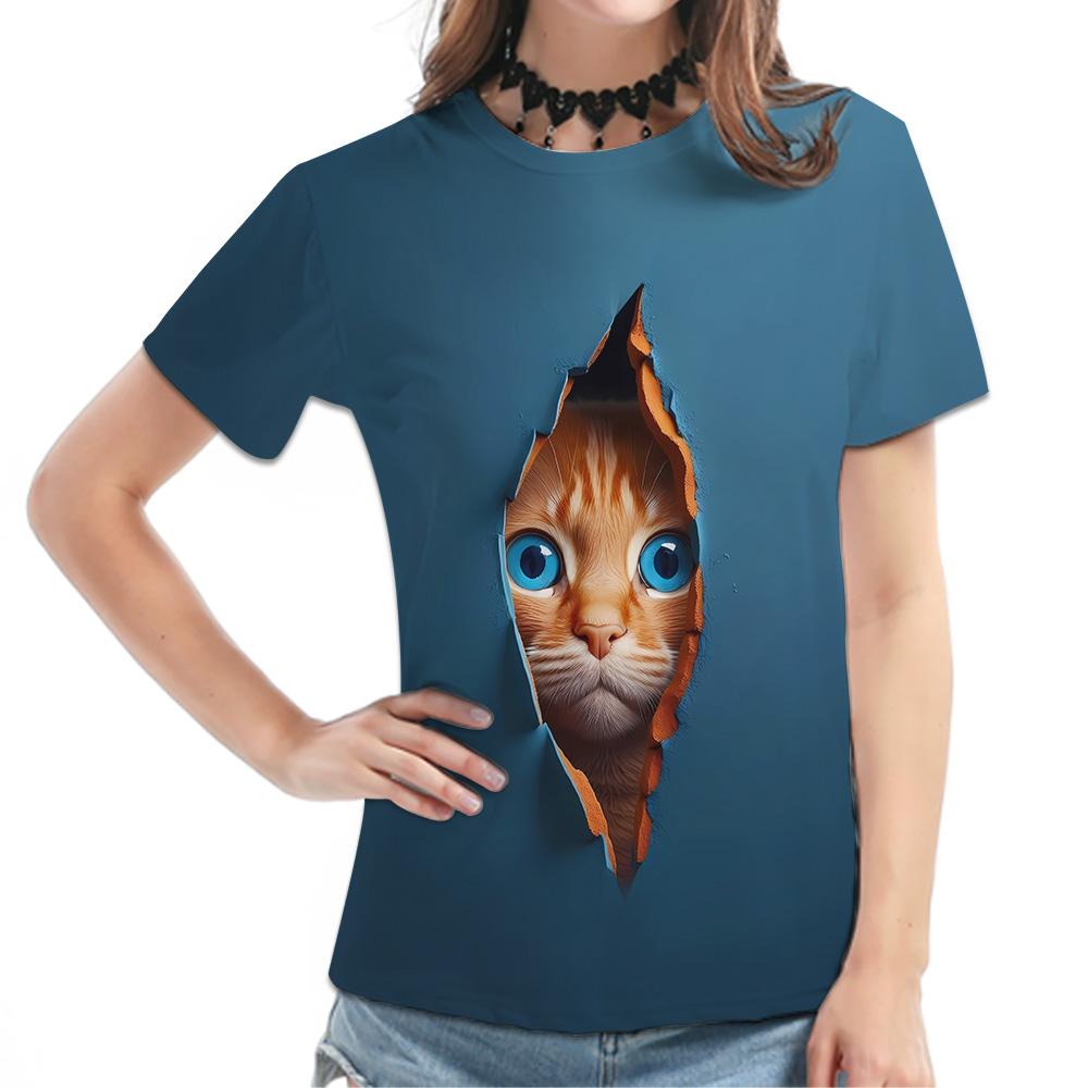 Damen Kawaii Katze Grafik T-Shirt Lässig Kurzarm Sommer Damen T-Shirts Streetwear Locker T-Shirt Damen 3D Druck Oberteile T-Shirts