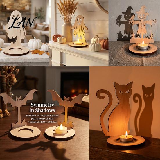 Small Tealight Display Halloween Wooden Candle Holder, Silhouette Ghost/Bat/Scarecrow/Bat Ghost Decor Holder for Home Table Fireplace Black Cat Base
