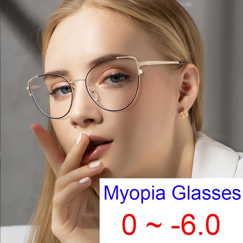 Vision Glasses Female Eyewear Cateye Blocking 0 Alloy Spectacle Metal Feminine Design Spectacle Stylish To Optical Ladies -6.0 Elegant Myopia Sexy