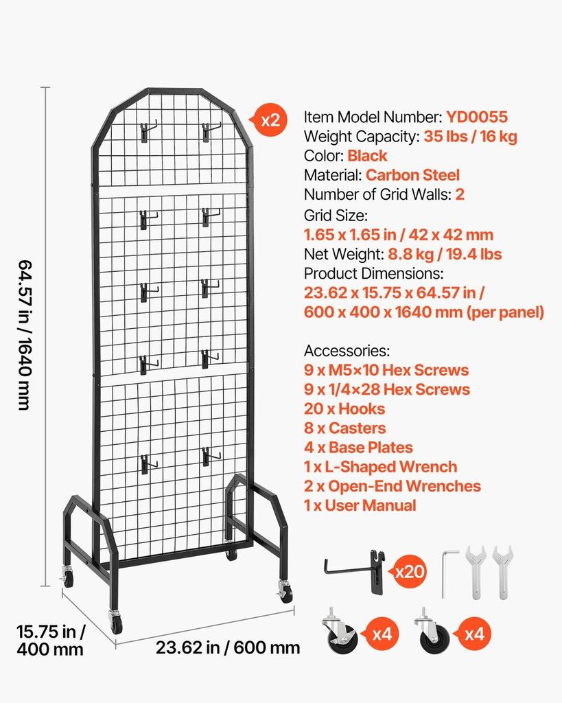 2 Pack Grid Wall Panel 600 X 1640 Mm Wire Display Rack with Wheels & Hooks
