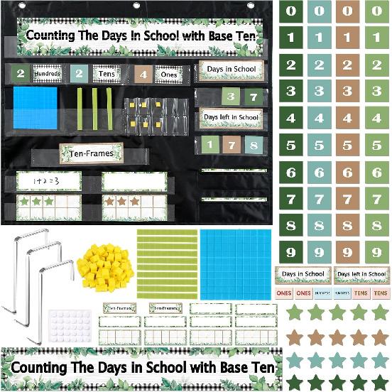 Greenery Back to School Counting The Days with Base Ten Pocket Chart Place Value Teaching Materials Counting Pocket Chart for Kids Toddler Learning Greenery