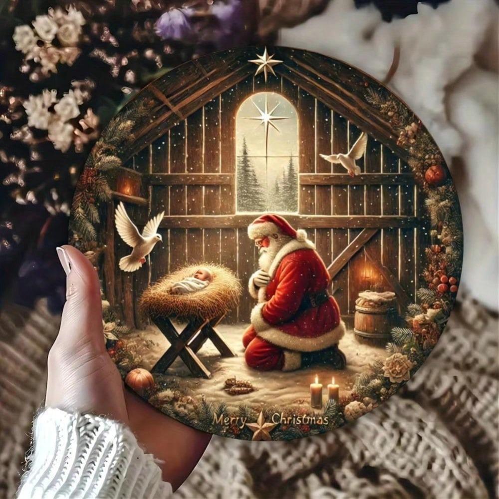 Christmas Kneeling Santa Tin Sign 8 Inch Round Metal Wall Art Home Bar Cafe Farmhouse Decor