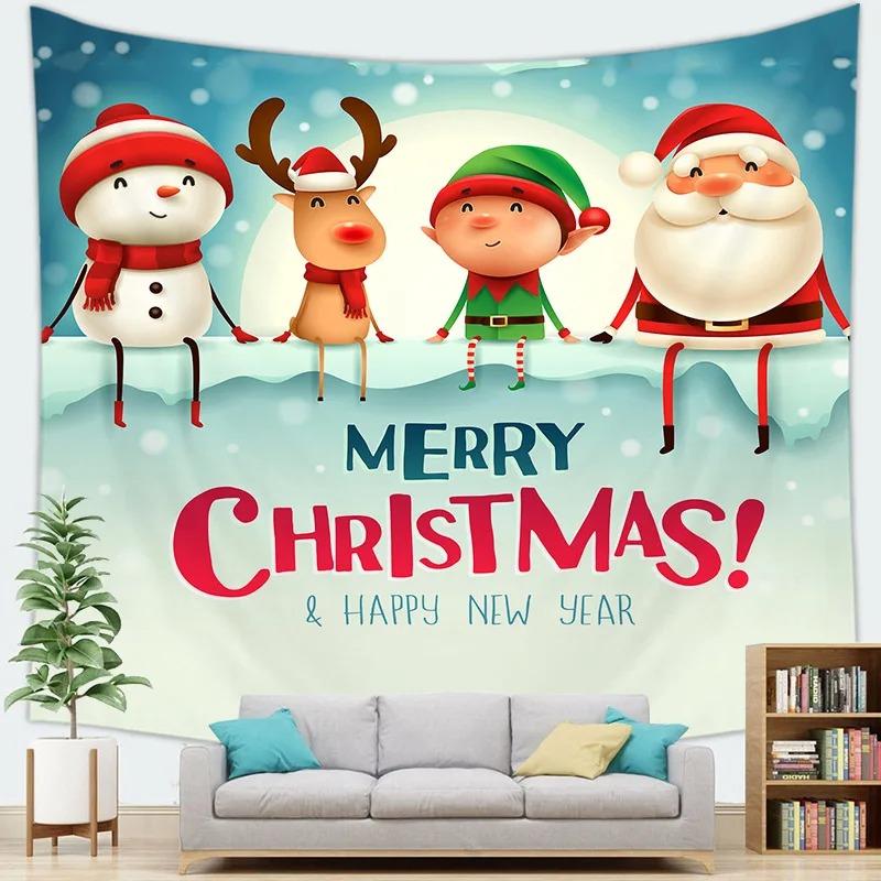 Cartoon Santa Claus Pattern Tapestry Home Bedroom Living Room Wall Decoration Christmas Theme Tapestry
