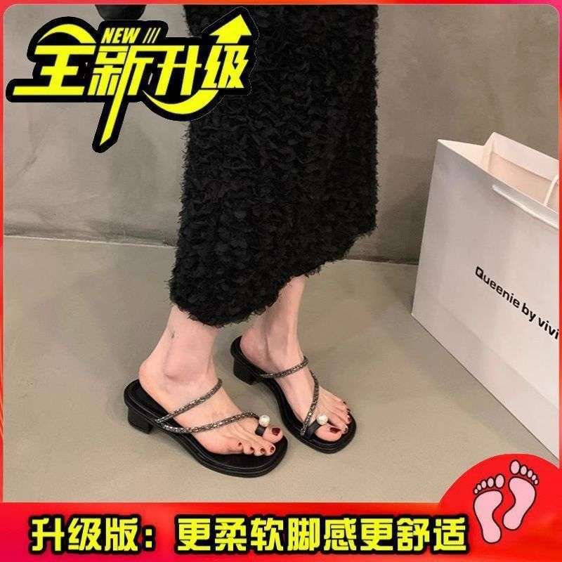 

High-heeled sandals thick heel cover toe cool slippers women s summer wear 2025 new rhinestone medium heel beach Roman shoes one pair of follow-up posts чёрный