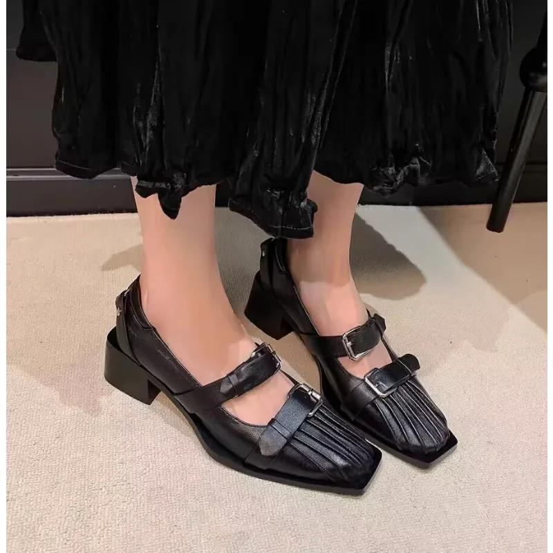 

Fashion Luxury Designer Black Leather Mary Jane Women Shoe Metal Belt Buckle High Heels for Women Pointed Toe Chunky High Heeled Pumps 35 чёрный