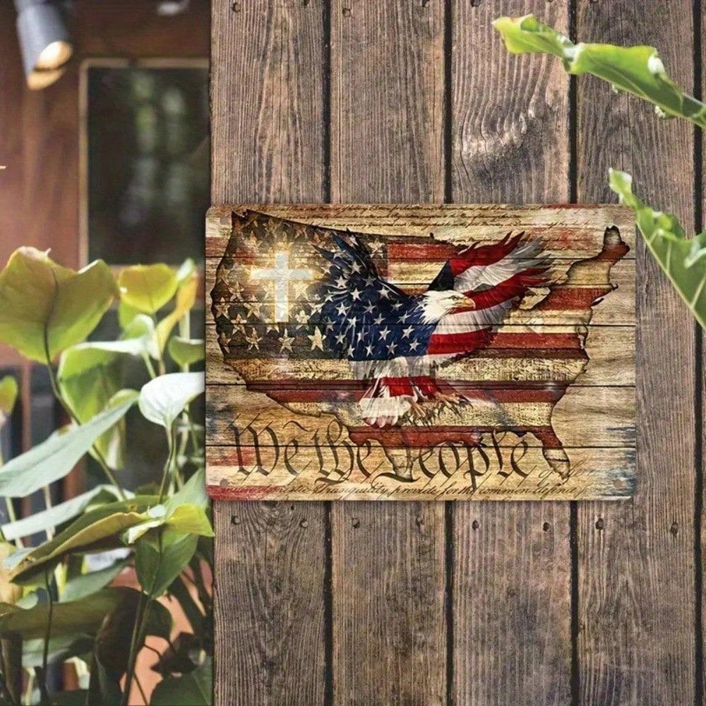 Metal Wall Art Vintage Tin Sign 8x12 Inch Rustic American Flag Constitution Design Patriotic Decor We The People
